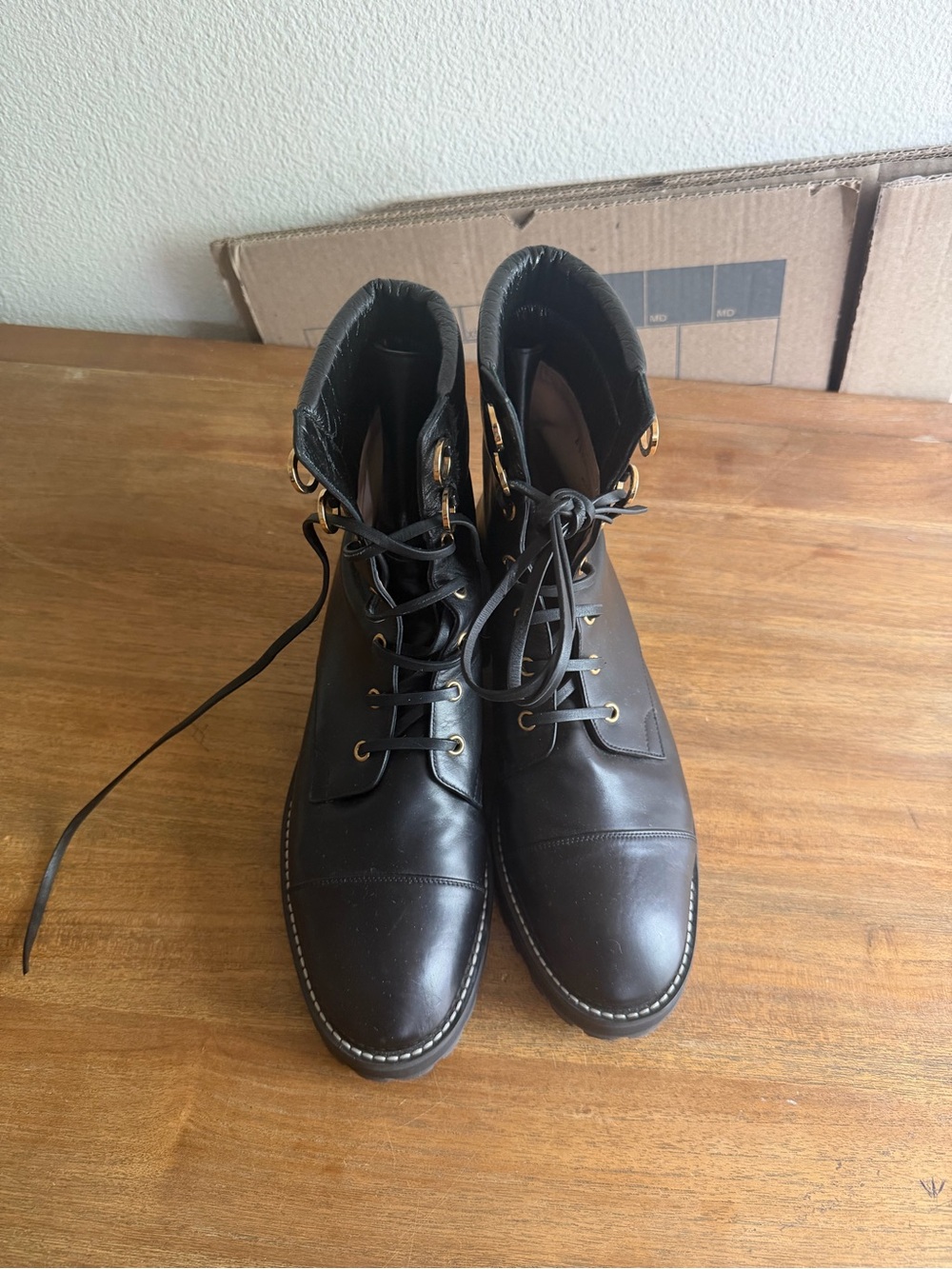Stuart Weitzman Black Leather Lace-Up Ankle Boots with Gold Eyelets